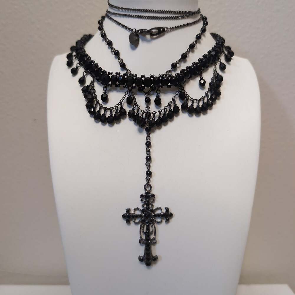 Layered Beaded Cross Pendant Choker Necklace Set Gothic